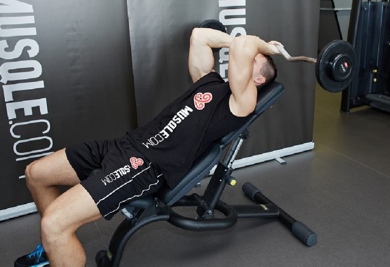 Incline EZbar Lying Triceps Extension • Bodybuilding Wizard