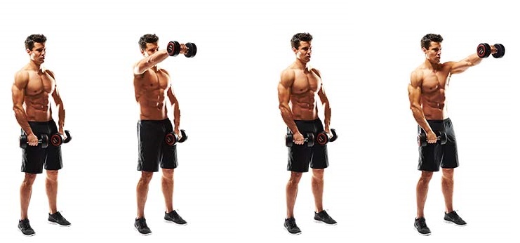 Alternating dumbbell front raise guide and video