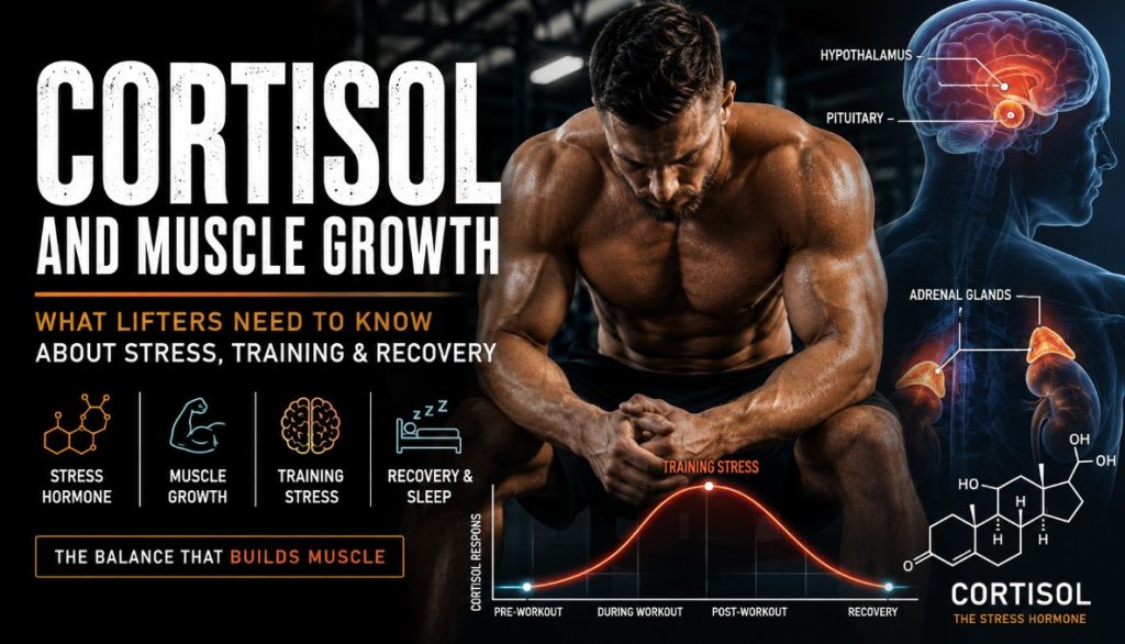 Cortisol and muscle growth infographic showing training stress, cortisol response, and recovery in a muscular lifter