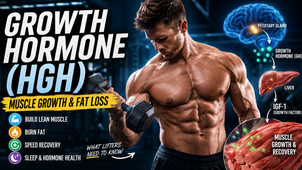 Growth hormone and muscle growth featured image showing a muscular lifter, HGH signaling, IGF-1, muscle growth, and fat loss