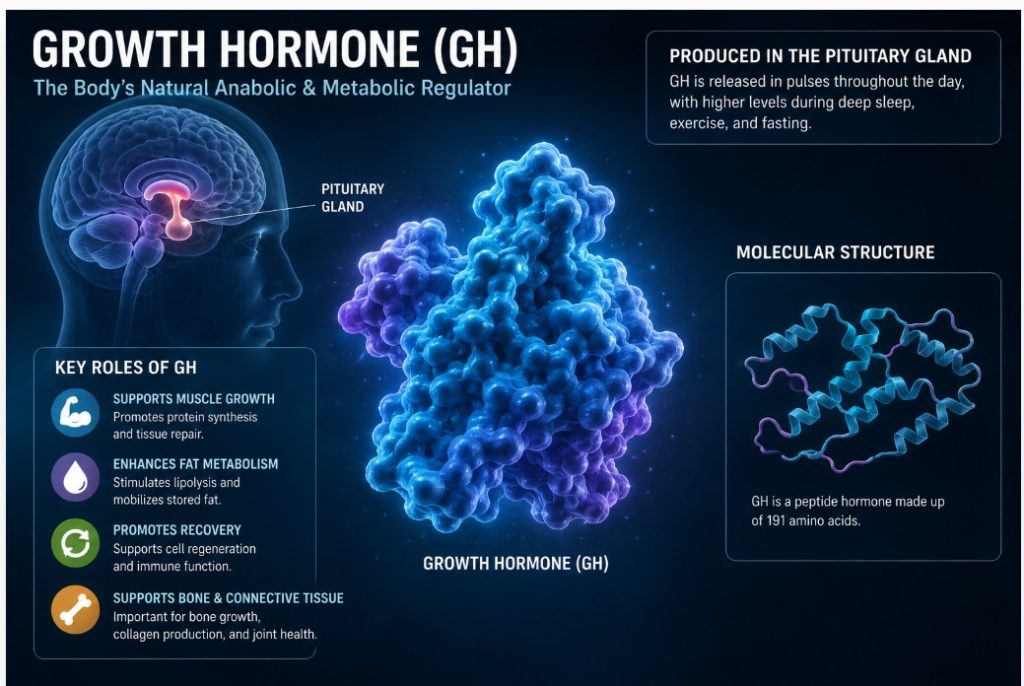 Growth hormone and muscle growth illustration showing GH molecular structure and its production in the pituitary gland