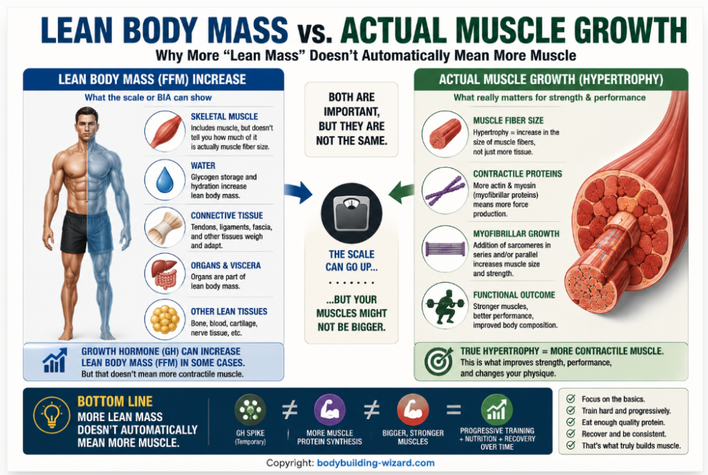 Growth hormone and muscle growth infographic comparing lean body mass with actual contractile muscle hypertrophy