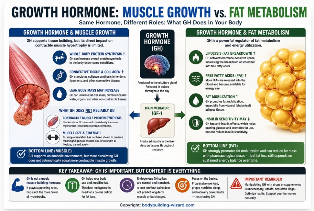 Growth hormone and muscle growth infographic comparing HGH effects on muscle hypertrophy with fat metabolism and lipolysis