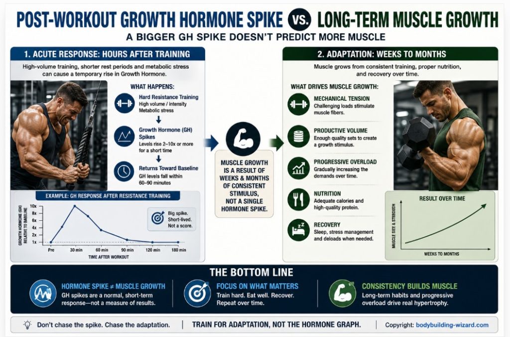 Growth hormone and muscle growth infographic comparing a post-workout GH spike with the factors driving long-term hypertrophy