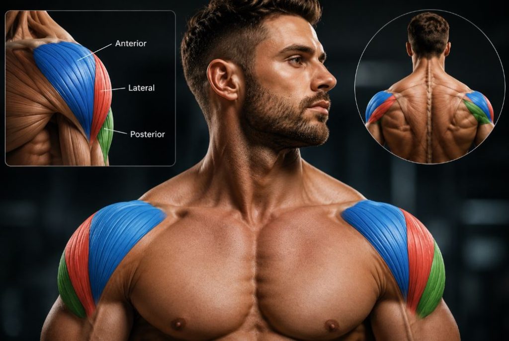 Deltoid anatomy showing the anterior, lateral and posterior heads of the deltoid muscle in a bodybuilder