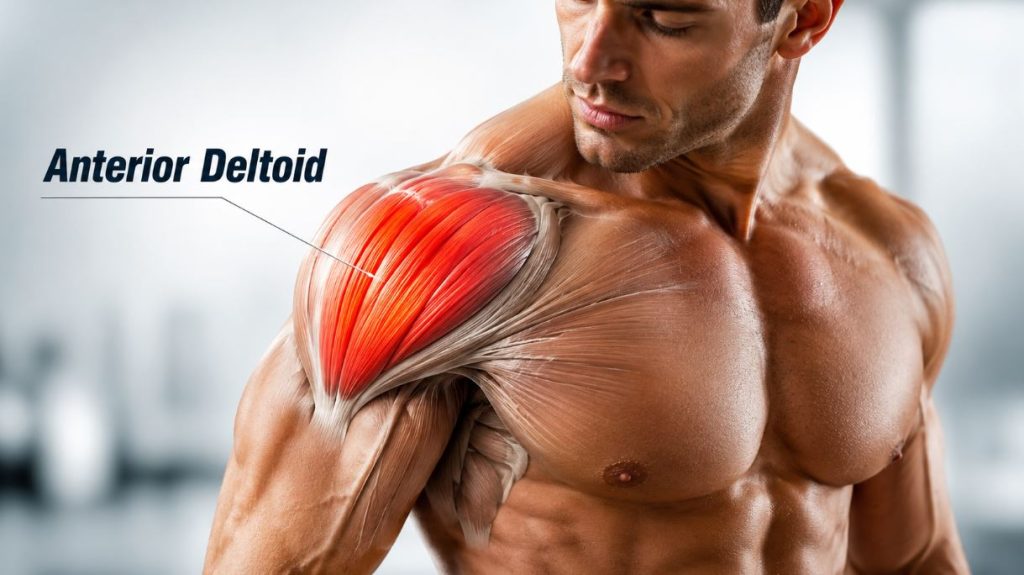 Anterior deltoid anatomy showing the front shoulder muscle on a muscular male athlete
