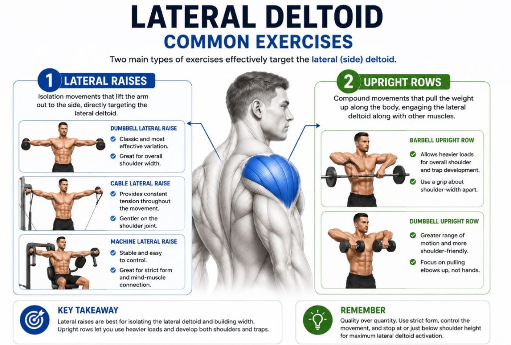 Lateral deltoid anatomy infographic showing lateral raises and upright rows for lateral deltoid development