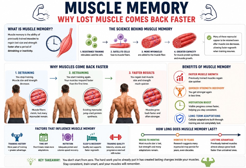 Muscle memory infographic showing how myonuclei help previously trained muscles regain size faster after detraining