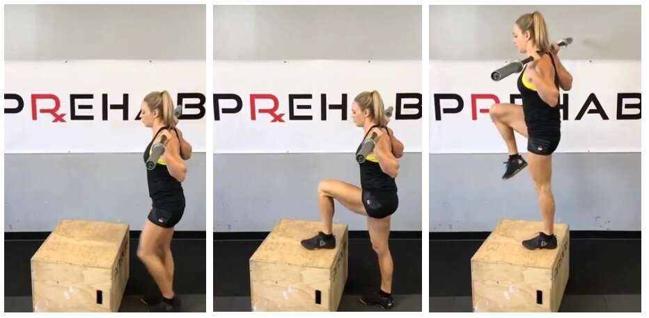 barbell step-ups with knee lift