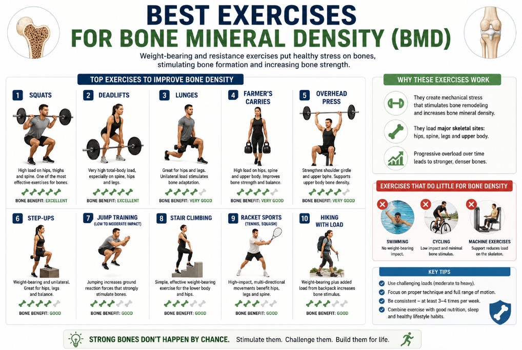 Best exercises for bone mineral density (BMD) infographic showing squats, deadlifts, lunges, farmer's carries, overhead press, jump training, and other weight-bearing exercises for stronger bones