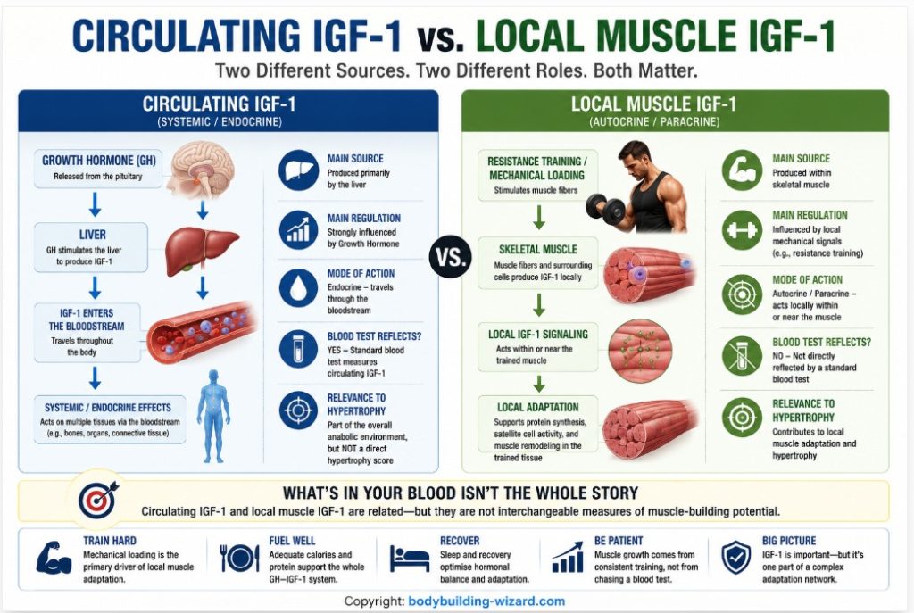 IGF-1 and muscle growth infographic comparing circulating IGF-1 with local muscle IGF-1 signaling and hypertrophy