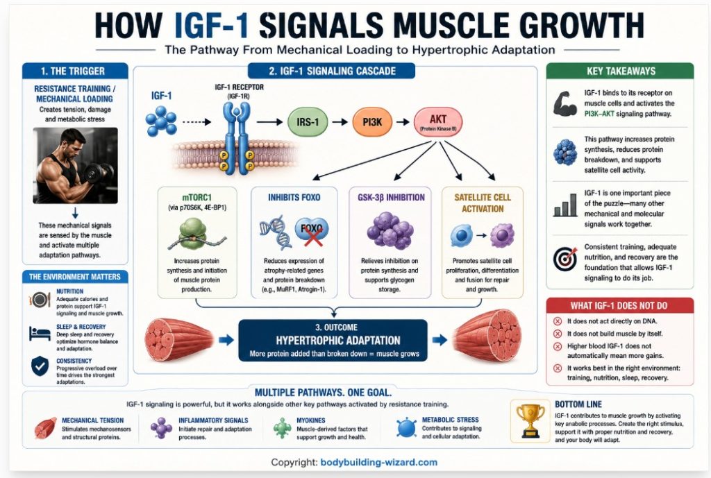 IGF-1 and muscle growth infographic showing IGF-1 receptor, PI3K-AKT signaling, protein synthesis, satellite cells, and hypertrophy