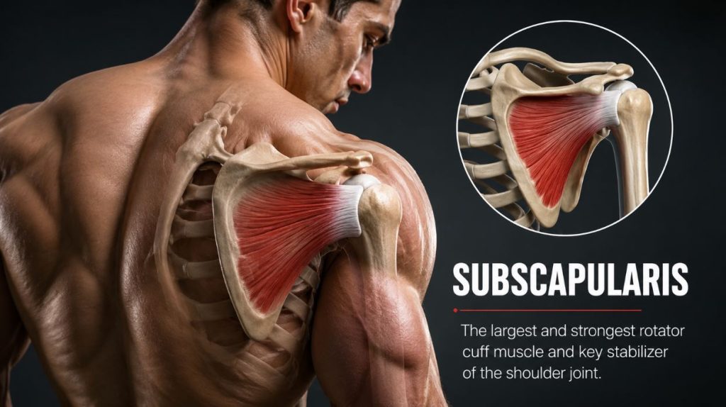 Subscapularis anatomy showing the largest rotator cuff muscle on a muscular male athlete