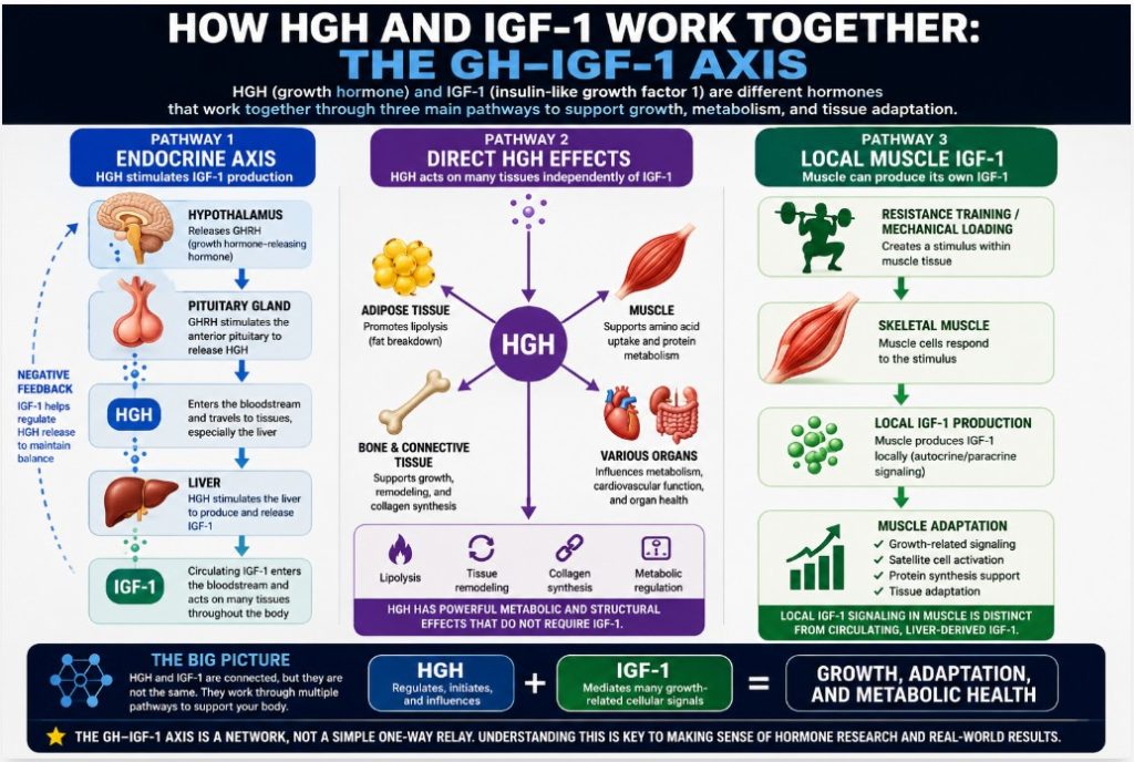HGH and IGF-1 axis infographic showing how growth hormone, circulating IGF-1, direct HGH effects, and local muscle IGF-1 work together