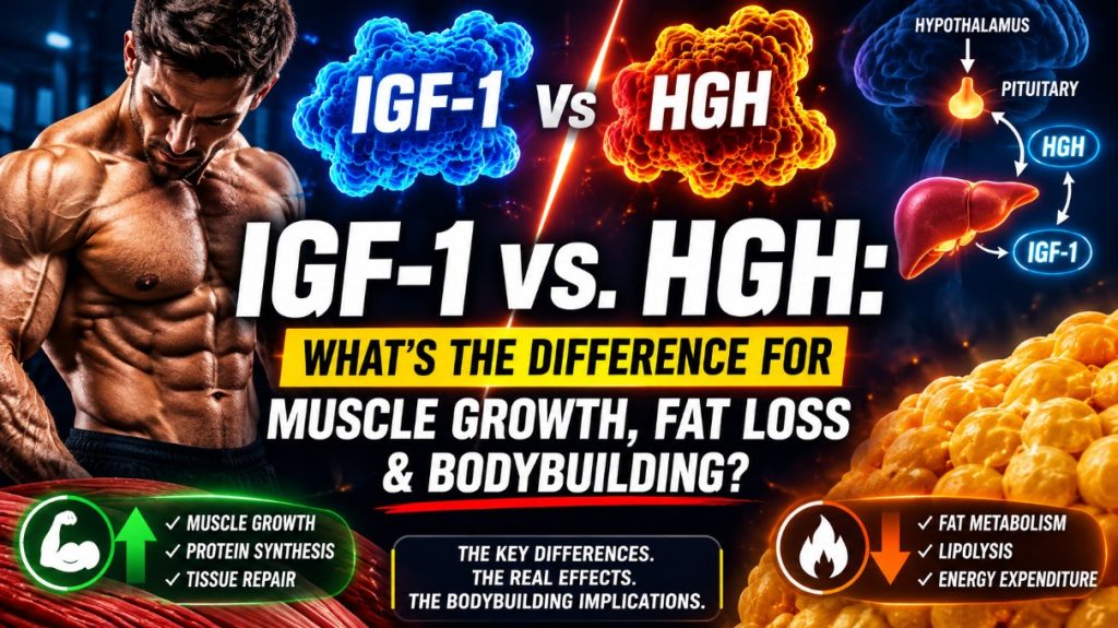 IGF-1 vs HGH comparison showing their roles in muscle growth, fat metabolism, and bodybuilding