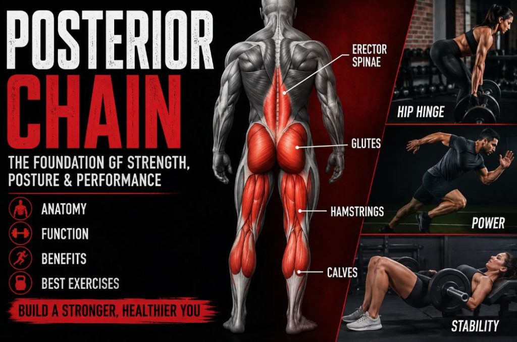 Posterior chain anatomy infographic showing glutes, hamstrings, calves, and erector spinae muscles with strength-training movements
