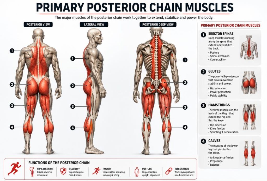 Anatomical infographic showing the primary posterior chain muscles including the erector spinae, glutes, hamstrings, and calves