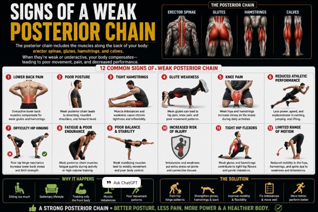 Fitness infographic showing the common signs of a weak posterior chain including poor posture, lower back pain, weak glutes, and reduced athletic performance