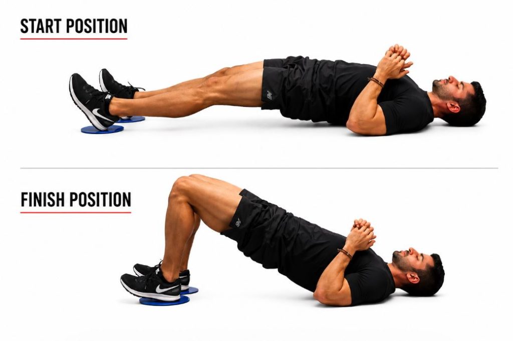 Start and finish positions of the sliding leg curl exercise demonstrating proper hamstring-focused technique