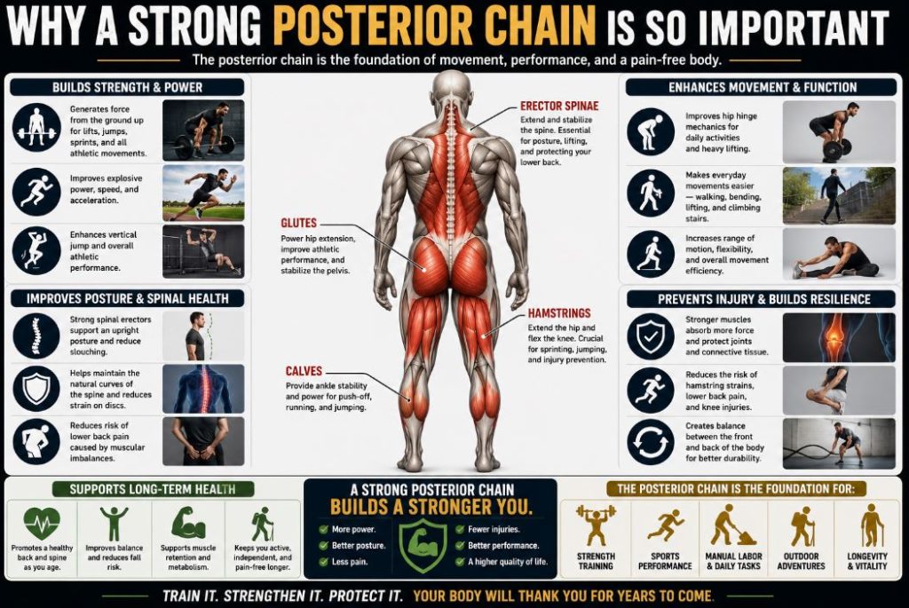 Educational infographic explaining why a strong posterior chain is important for posture, strength, athletic performance, and injury prevention