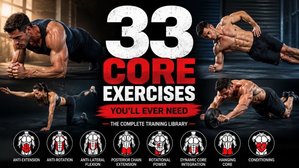 Illustration featuring 33 essential core exercises for building strength, stability, balance, and athletic performance