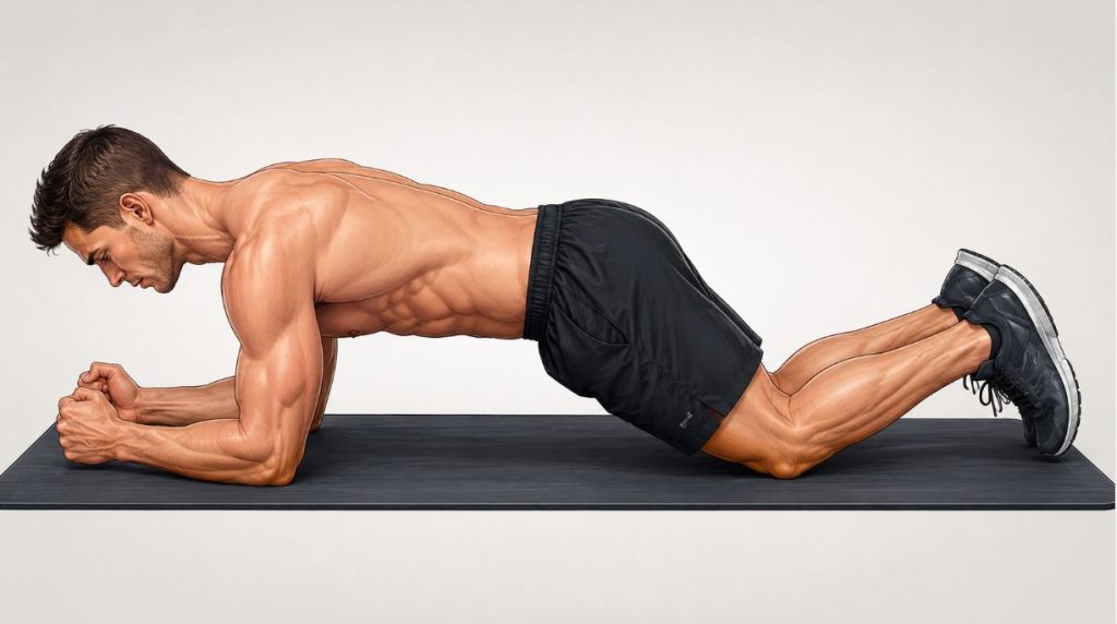 Illustration of a man performing the kneeling plank exercise with proper form to strengthen the core and improve spinal stability
