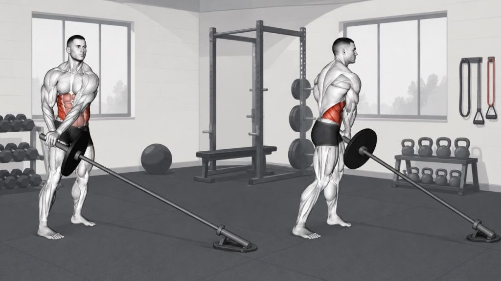 Illustration demonstrating the proper form for the landmine 180s exercise in a gym setting showing the start and finish positions