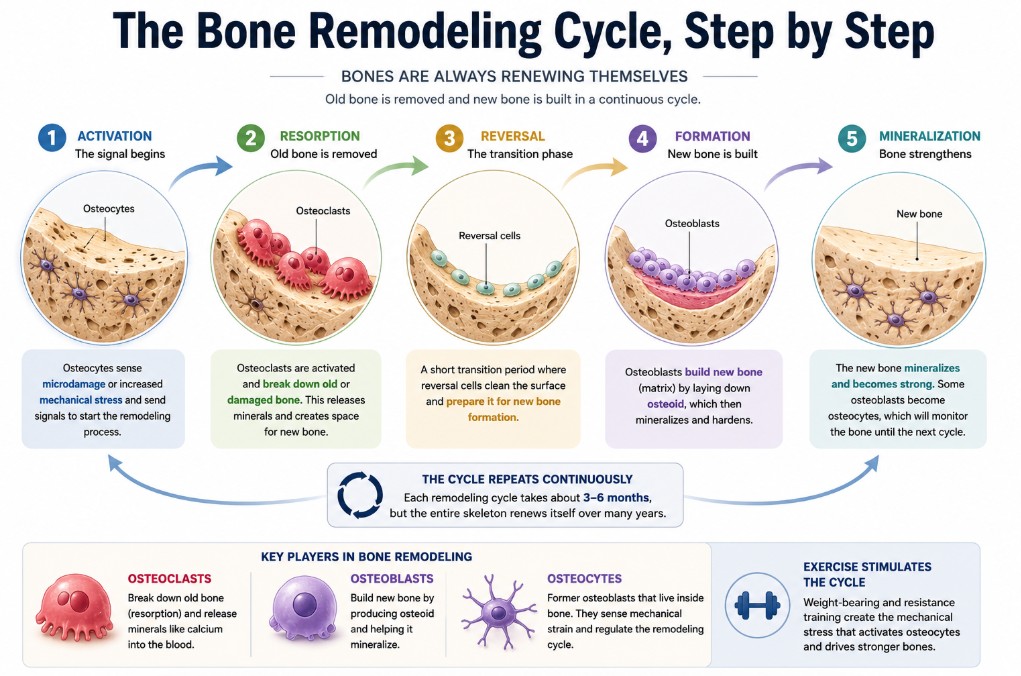 Bone remodeling cycle infographic showing the stages of bone remodeling from activation to mineralization