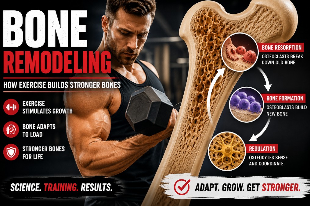 Bone Remodeling: How Bones Adapt to Exercise and Strength Training Bone remodeling illustration showing how strength training stimulates bone remodeling through bone resorption and bone formation