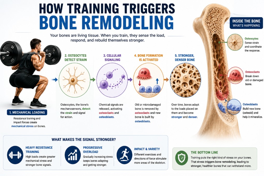 Bone remodeling infographic showing how strength training triggers bone remodeling through mechanical loading and cellular signaling