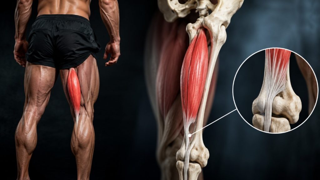 Semitendinosus muscle anatomy showing the long tendon and muscle belly of the medial hamstring