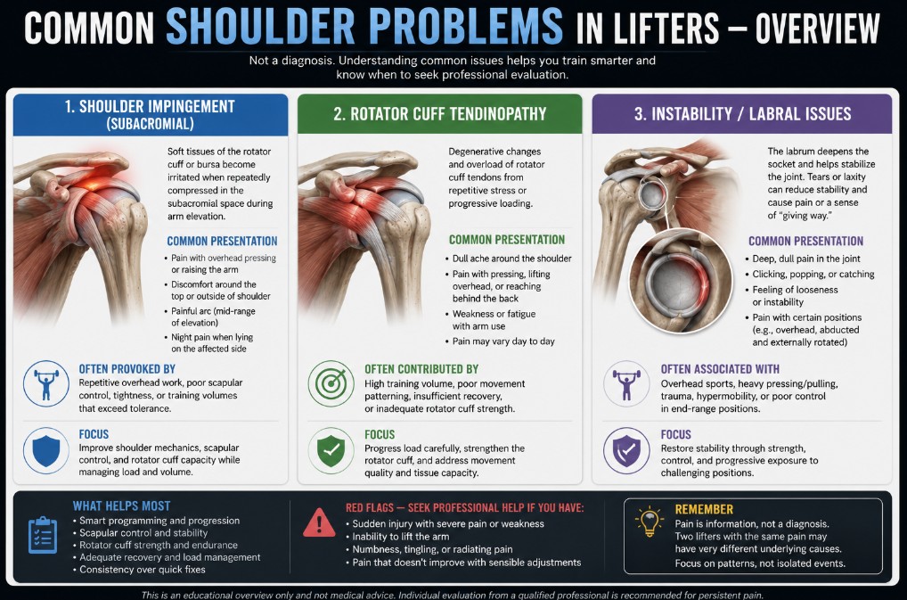 Shoulder joint anatomy infographic showing common shoulder problems in lifters, including impingement, rotator cuff tendinopathy and instability