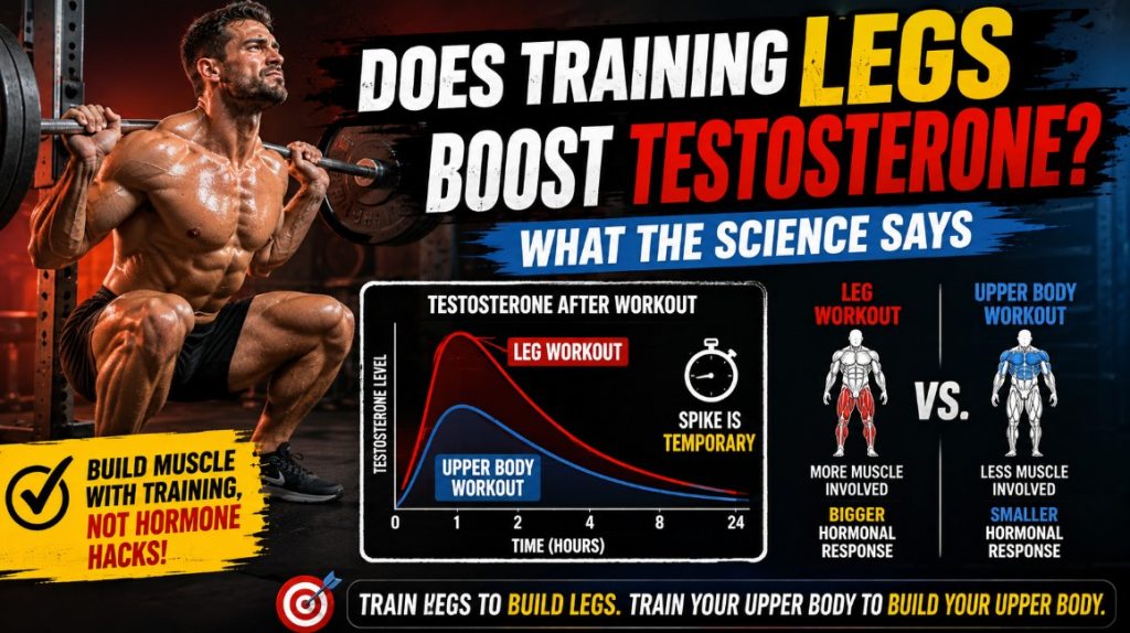 Does training legs boost testosterone featured image showing a lifter performing a squat and the temporary testosterone response after leg training