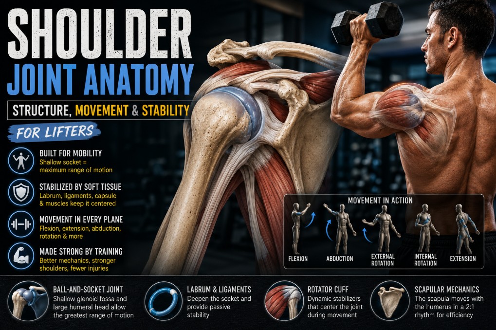 Shoulder Joint Anatomy: Structure, Movement & Stability for Lifters Shoulder joint anatomy showing the glenohumeral joint and surrounding muscles during resistance training
